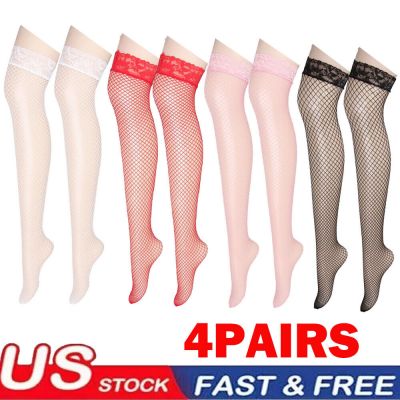 4Pair 4-Color Women Stockings Lace Mesh High Thigh Fishnet Sexy Long Pantyhose